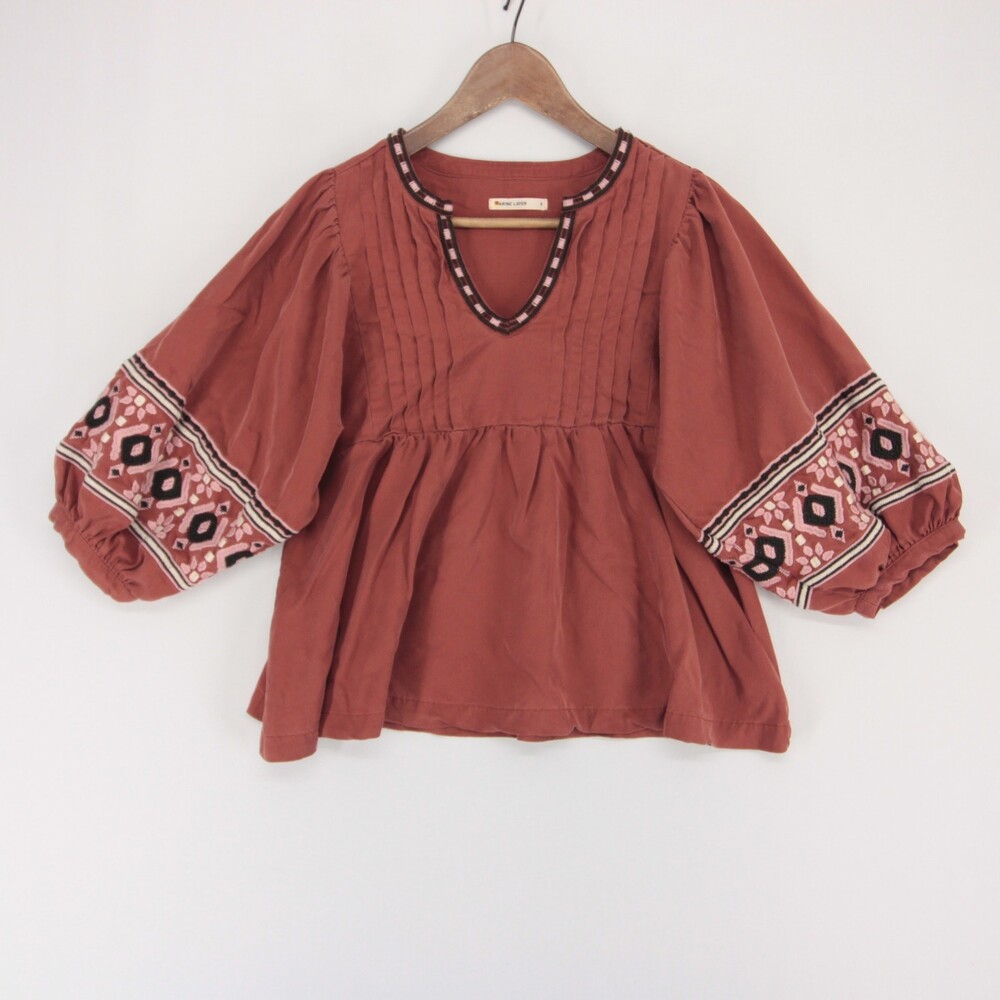 Marine Layer Archive Embroidery Blouse Womens S Maroon Boho Pleated Puff Sleeve - Picture 2 of 6